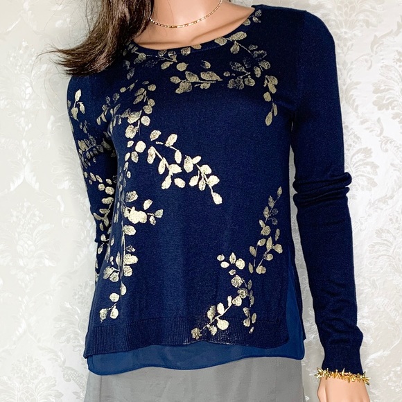 Lucky Brand Sweaters - Lucky Brand Gold Foil Leaf Print Layered Sweater Lucky Brand Sweaters - Lucky Brand Gold Foil Leaf Print Layered Sweater